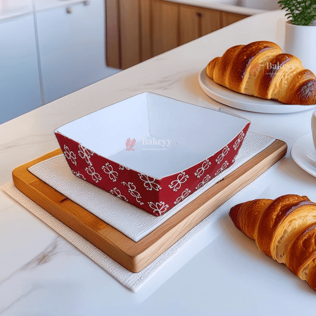 Brownie Bake N Serve Paper Trays | Pack of 50 | Floral Print Square Cups in Red, Blue & Brown for Elegant Baking & Serving - Bakeyy.com - India - Brownie Bake N Serve Paper Trays | Pack of 50 | Floral Print Square Cups in Red, Blue & Brown for Elegant Baking & Serving - Red