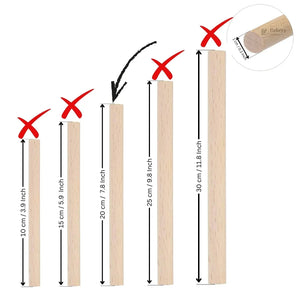 Bakeyy bamboo dowels in various sizes, ideal for bakery supplies and cake support, labeled with measurements.