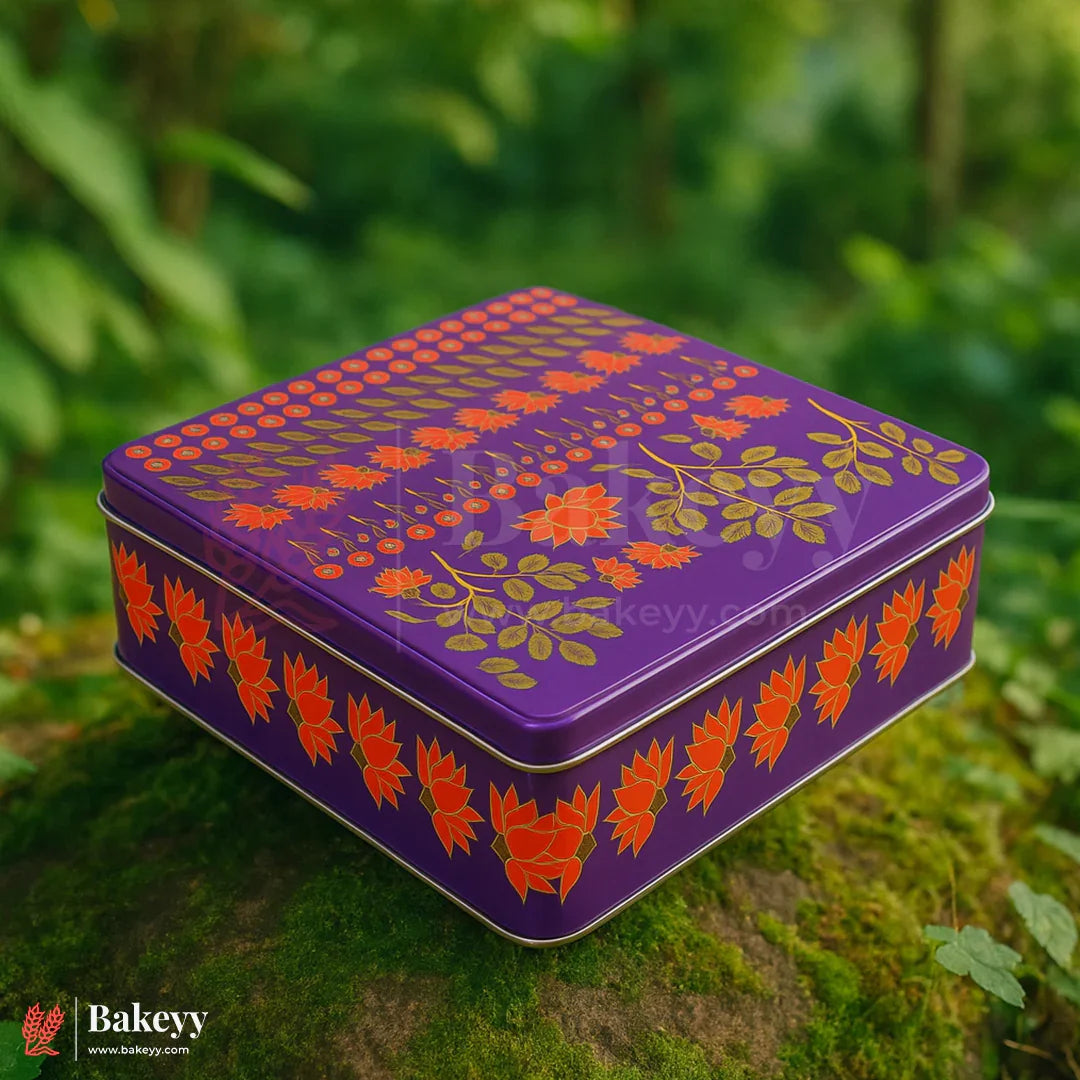 Premium Floral Printed Square Tin Box | Purple With Floral Printed – 6x6x2 inch | Gift Box for Chocolates, Dry Fruits, Sweets| Pack Of 2