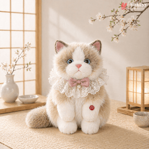 Plush cat toy with lace collar and bow tie in a decorative room setting
Cute Plush Cat Backpack | Meow Sound Interactive | Wearable Storage Soft Backpack Toy | Pack of 1