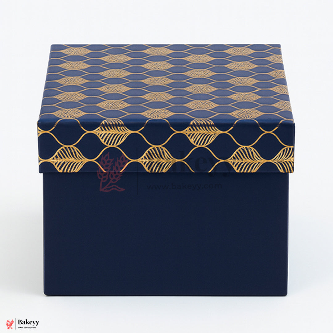 10x10x4 inch (25.5x25.5x10 cm) | Premium Rigid Hamper Box | Blue with Golden Leaf Print – Large Size
