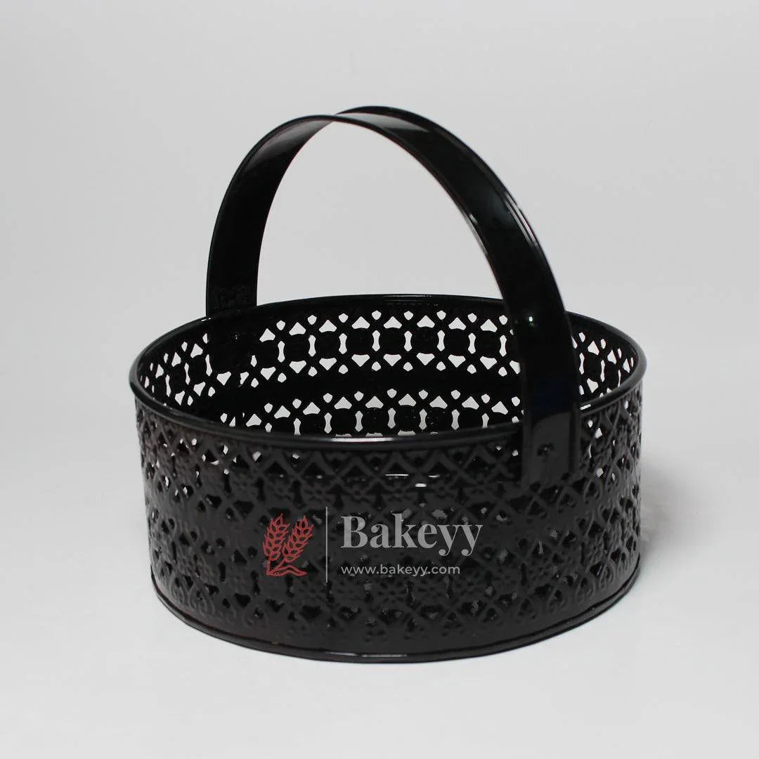 Hamper Basket For Gifting Round | Elegant & Durable Black Metal Hamper Basket with Handle | Black Colour - Bakeyy.com - India - Hamper Basket For Gifting Round | Elegant & Durable Black Metal Hamper Basket with Handle | Black Colour - Default Title