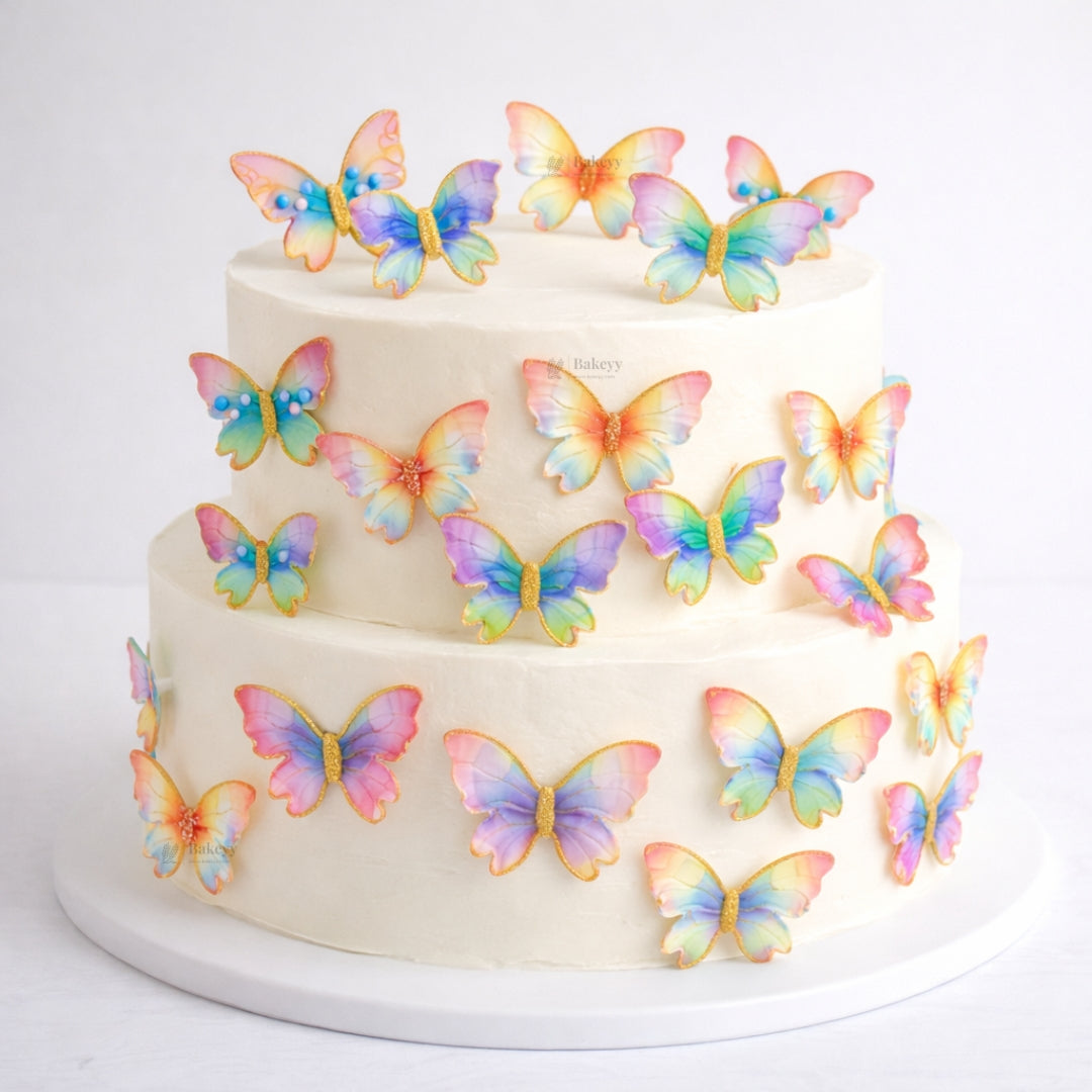 Rainbow Butterfly Cake Toppers with Gold Glitter Detailing | Elegant Decoration for Cakes, Cupcakes & Desserts | Pack of 10