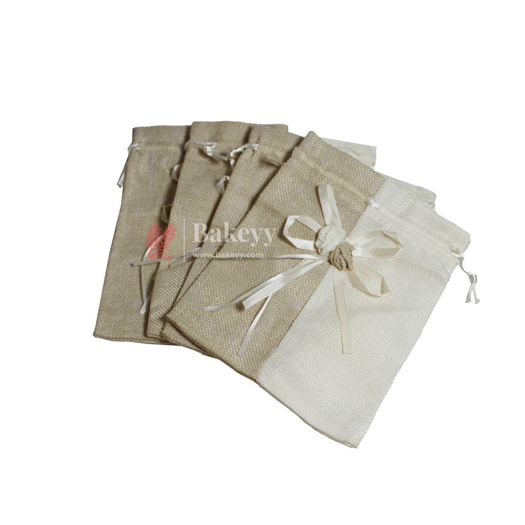 20x24cm| Beige & Cream Jute Potli Bag with Floral Accent | Traditional Potli Bag | Wedding Favor Bag | Jewelry Pouch | Floral Accent Gift Bag | Pack of 10