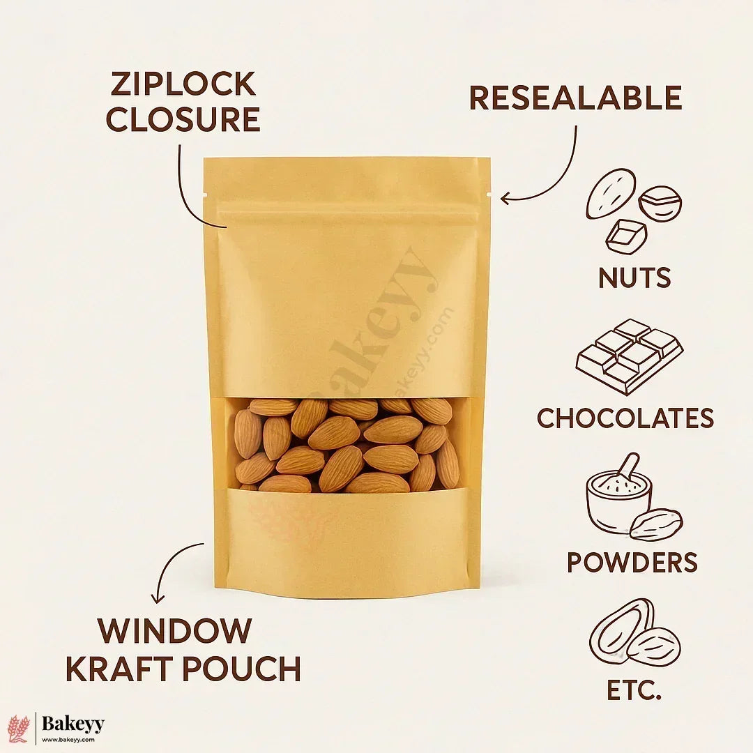 1 Kg | 18x26x4CM | Kraft Zip Lock Pouch |Window Brown Zip lock Pouch | Standing Pouch | Pack of 100