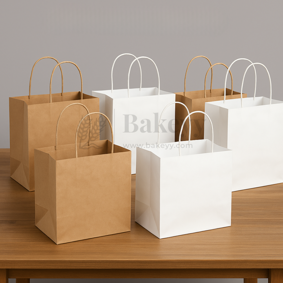 Paper Cake Bag | White / Kraft | Carry Bag for Sweets, Chocolates, Gifts | Multi-Size Bakery Bag | Pack of 50