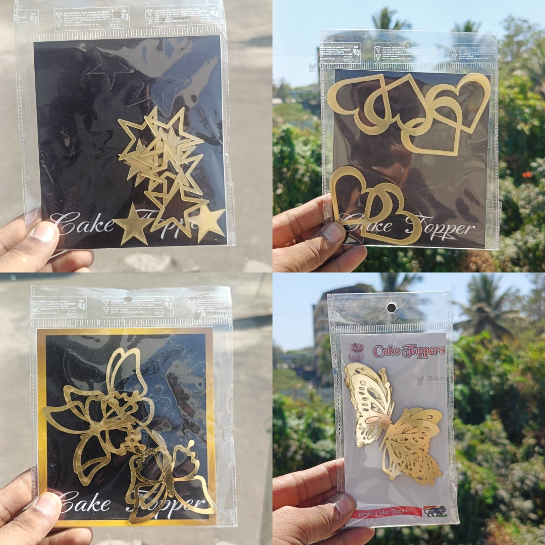 Gold Metallic Cake Topper Cutouts Set | Assorted Designs for Cake Decoration | Pack of 1