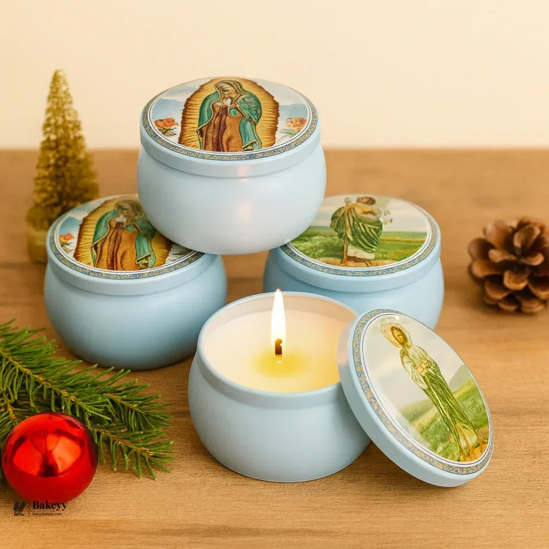 Printed Candle Tin Boxes | Jesus & Mother Mary Round Tin Container | Pack of 12 - Bakeyy.com - India - Printed Candle Tin Boxes | Jesus & Mother Mary Round Tin Container | Pack of 12 - Default Title 720.00