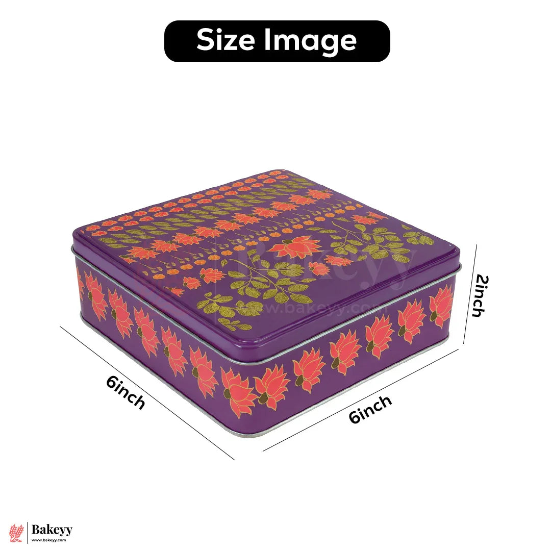 Premium Floral Printed Square Tin Box | Purple With Floral Printed – 6x6x2 inch | Gift Box for Chocolates, Dry Fruits, Sweets| Pack Of 2
