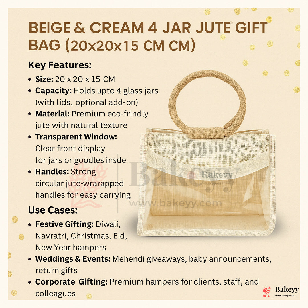 20x20x15 CM | Beige & Cream 4 Jar Jute Gift Bag with Window & Round Handles – 1 Piece