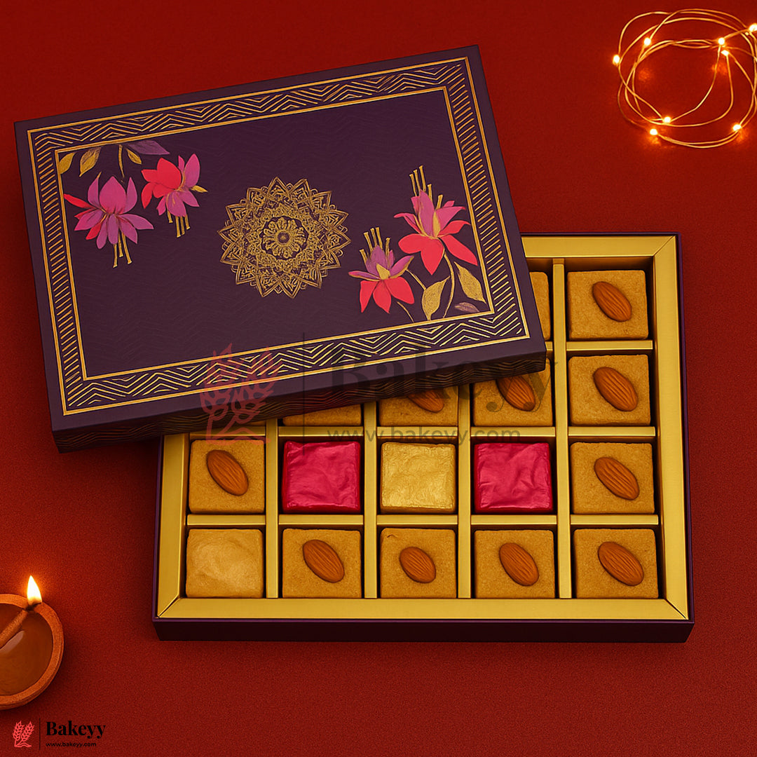 One Kg Sweet Box | 10.5x7.5x1.5 Inch |  Royal Blue Floral Sweet Box with Golden Tray 1 Piece
