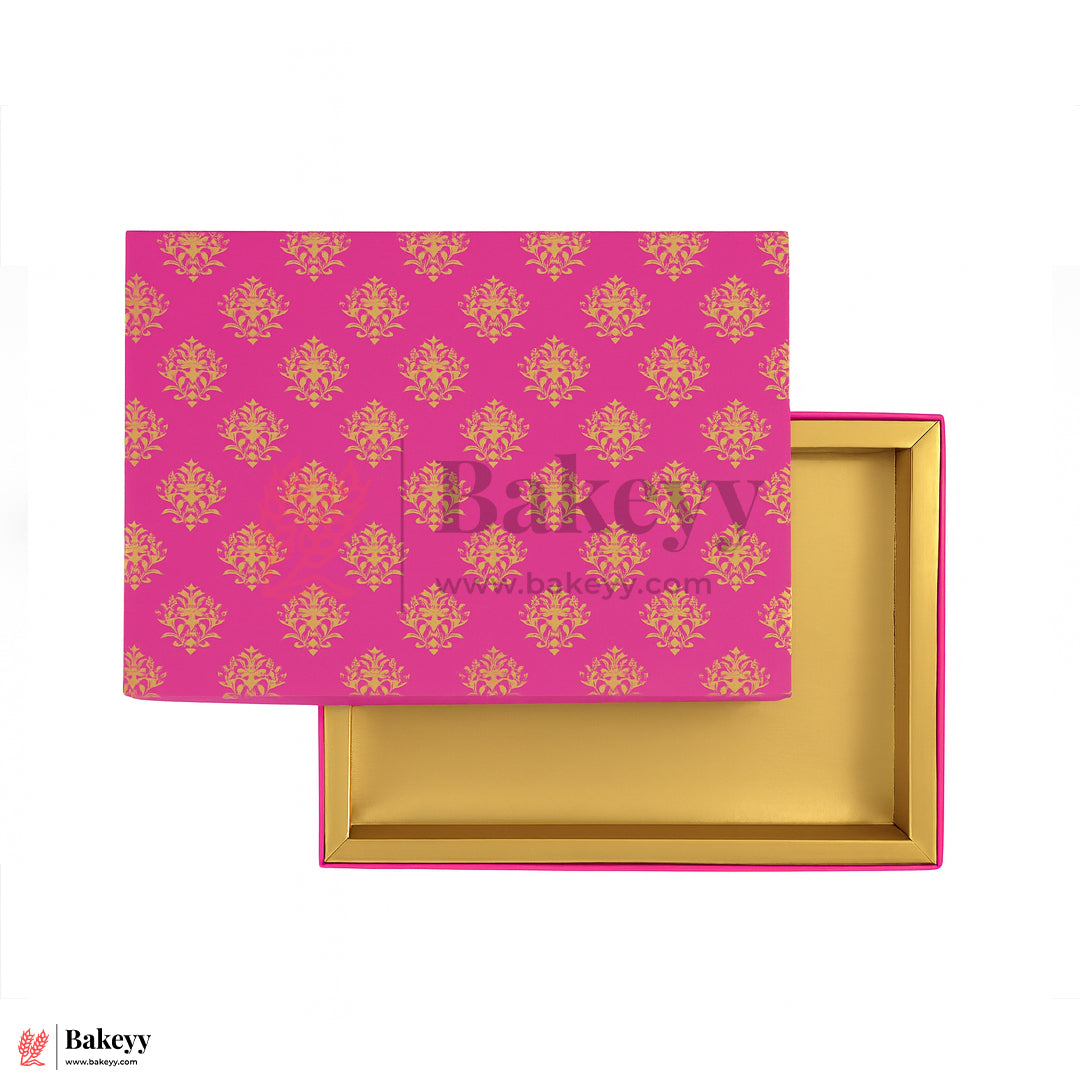 One Kg Sweet Box | 10.5x7.5x1.5 Inch |  Royal Pink & Gold Sweet Box with Golden Tray 1 Piece