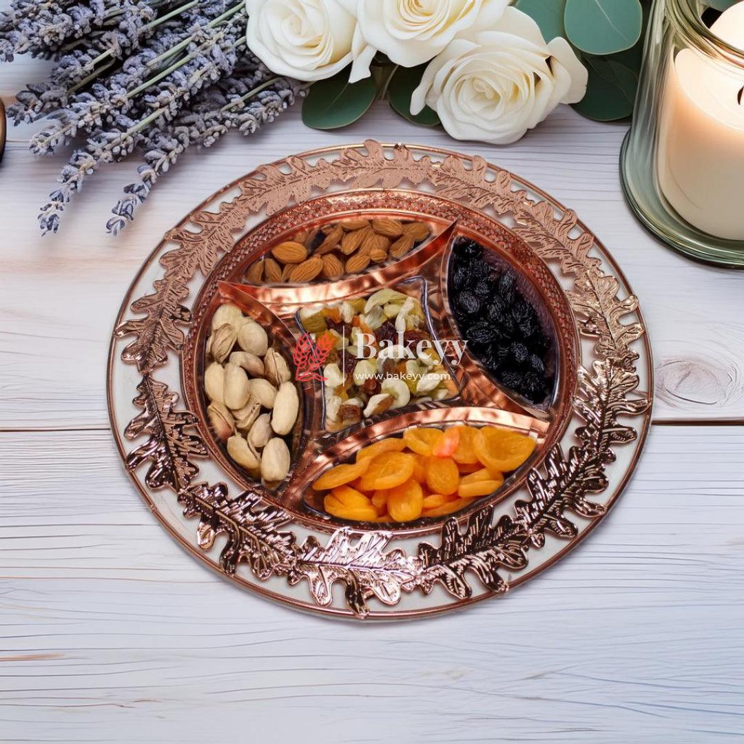 10 inch |Luxurious Round Rose Gold-Plated Serving Tray with Intricate Design | Metal Dry Fruit Tray