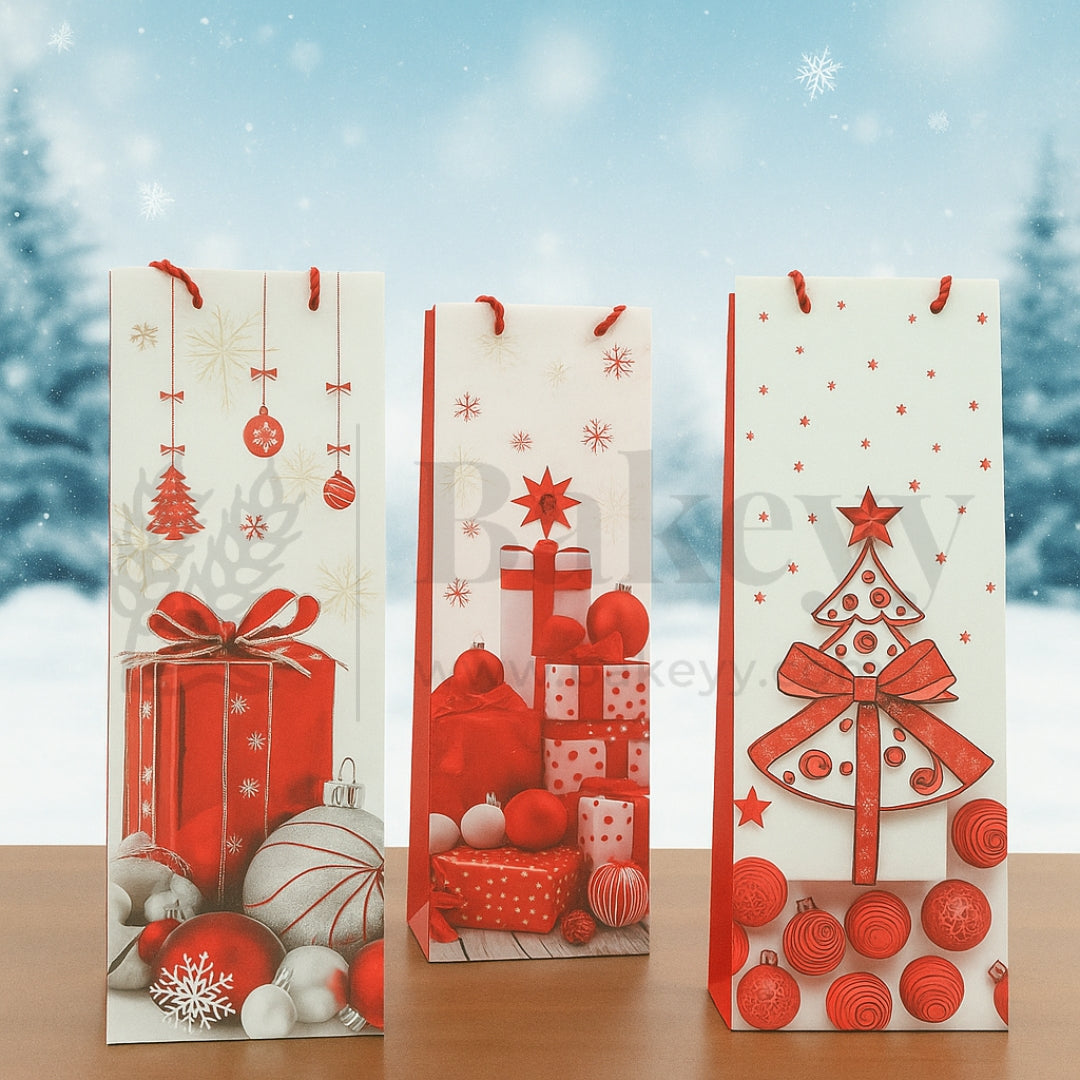 Christmas Red And White Print Wine Bags | Random Prints | Pack of 10