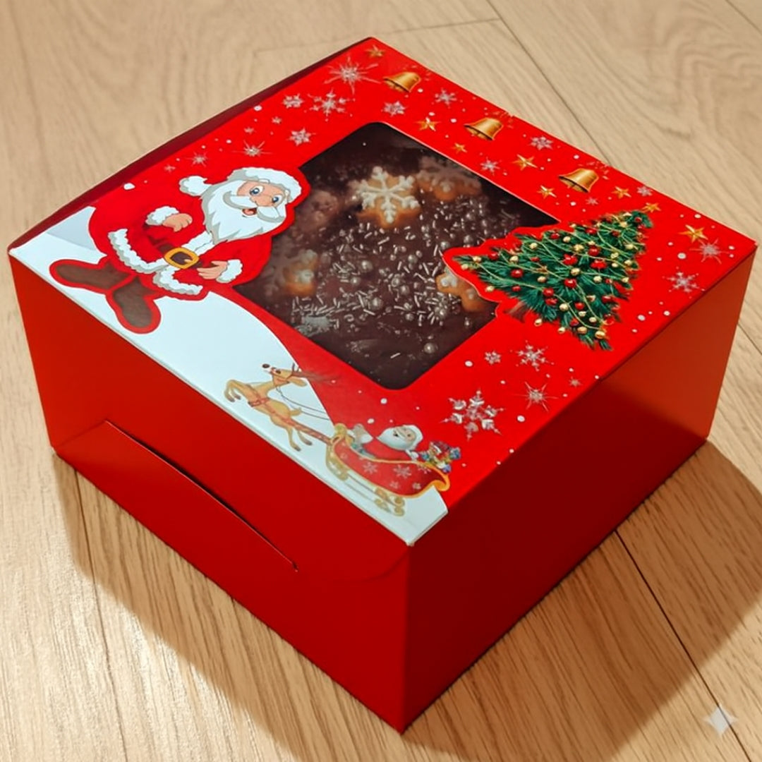 Santa Christmas Cake Box | Festive Holiday Design with Window | Pack of 10