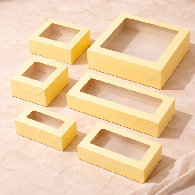 Yellow Color Brownie Box | L Shape Window & Top Window | Multiple Capacities Available | Pack of 10