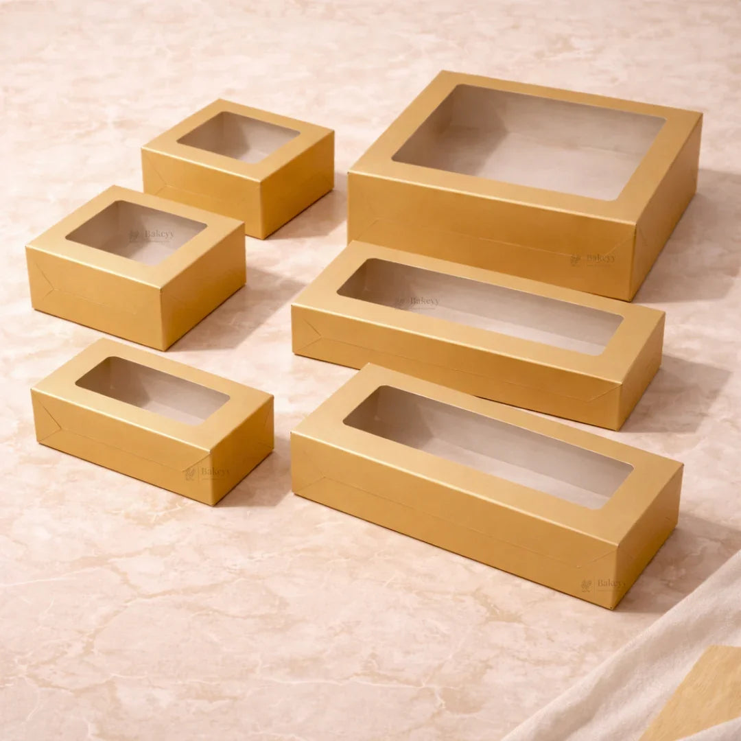 Matte Gold Color Brownie Box | L Shape Window & Top Window | Multiple Capacities Available | Pack of 10