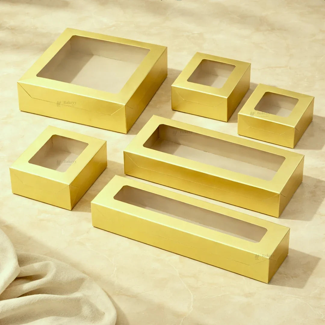Metallic Gold Color Brownie Box | L Shape Window & Top Window | Multiple Capacities Available | Pack of 10