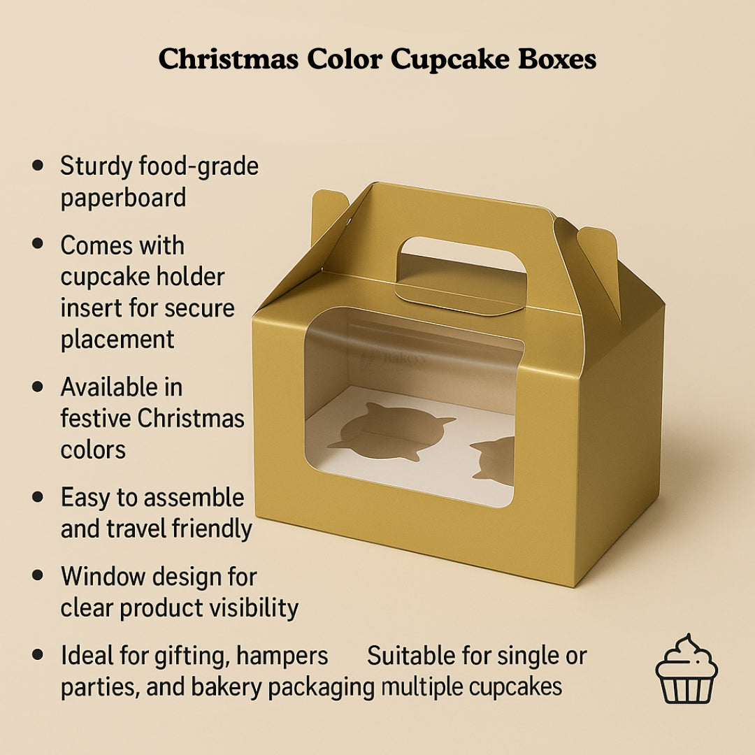 Color Cupcake Boxes With Handle | Christmas Style Cupcake Boxes | Multi-Colour Festive Boxes | Pack of 10