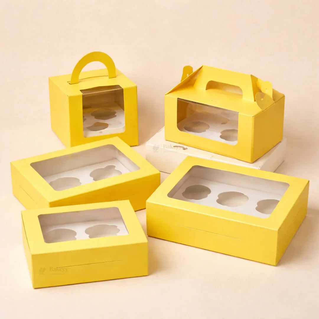 Yellow Color Cupcake Box | With Handle & Without Handle | Multiple Capacities Available | Pack of 10