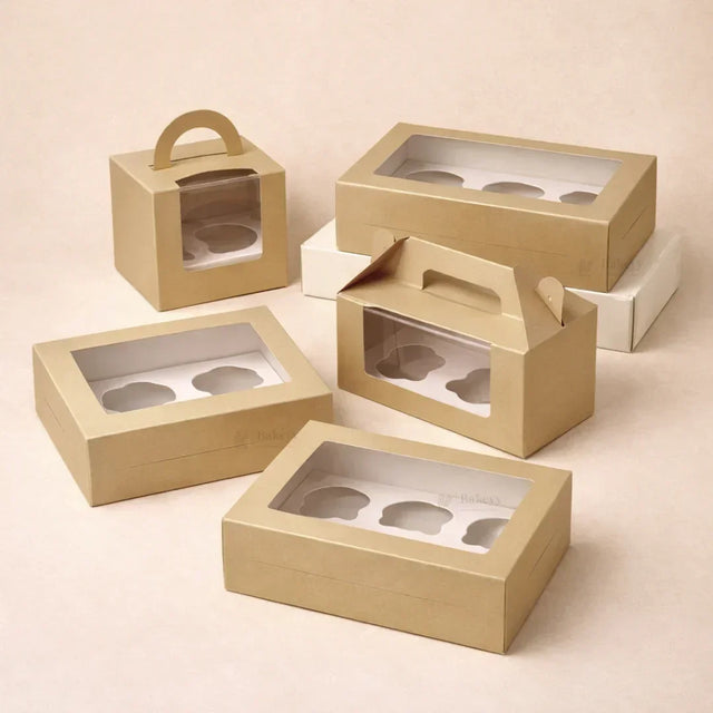 Matte Gold Color Cupcake Box | With Handle & Without Handle | Multiple Capacities Available | Pack of 10