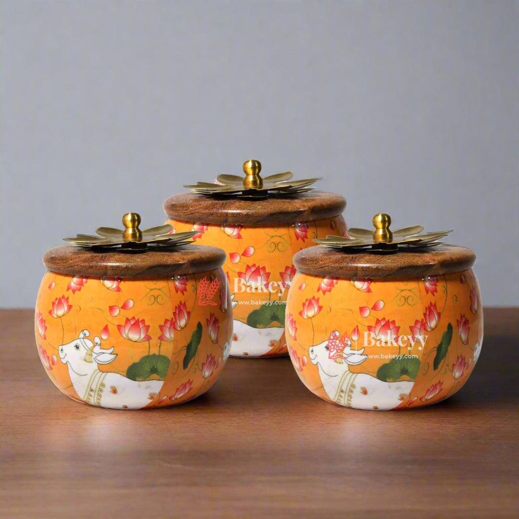 Yellow Handcrafted Decorative Jar with Floral Wooden Lid (Pack Of 1)