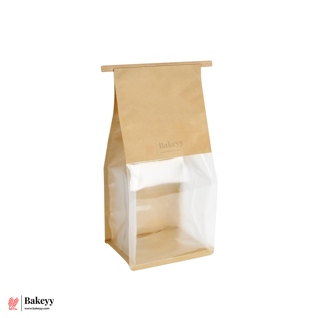 16x26x13cm Kraft Bread Bags with Transparent Window – Food-Grade & Stylish | Kraft Paper Pouches for Fresh Bakes | Baked Foods Packaging Storage | Pack Of 50