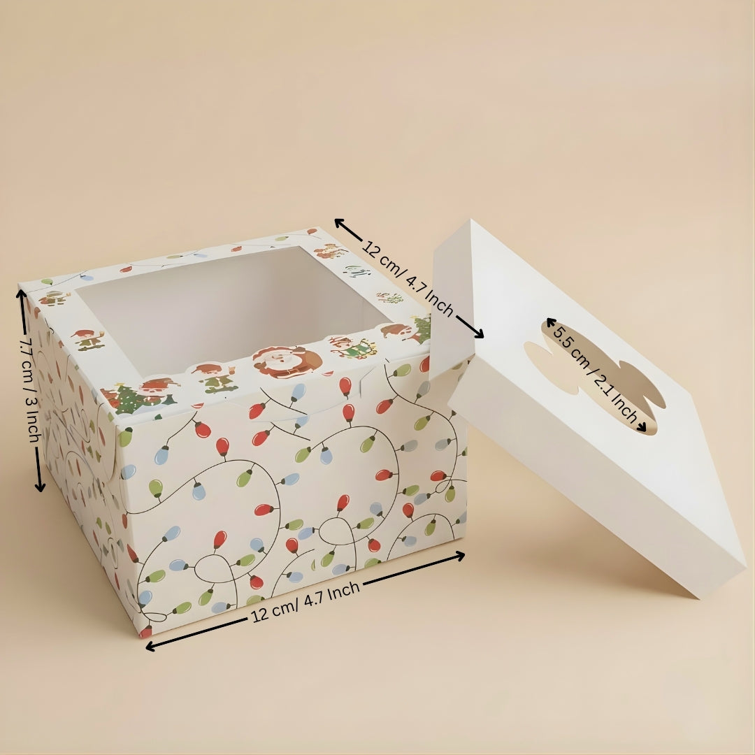 Christmas Cupcake Box with Window | White Festive Design | Festive Cupcake Box | Pack of 25