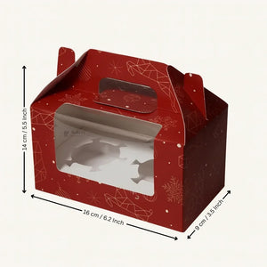 Christmas Cupcake Box with Window | Red Festive Design | Festive Cupcake Box | Pack of 10 - Bakeyy.com - India - Christmas Cupcake Box with Window | Red Festive Design | Festive Cupcake Box | Pack of 10 - 2 Cupcake / With Handle 200.00
