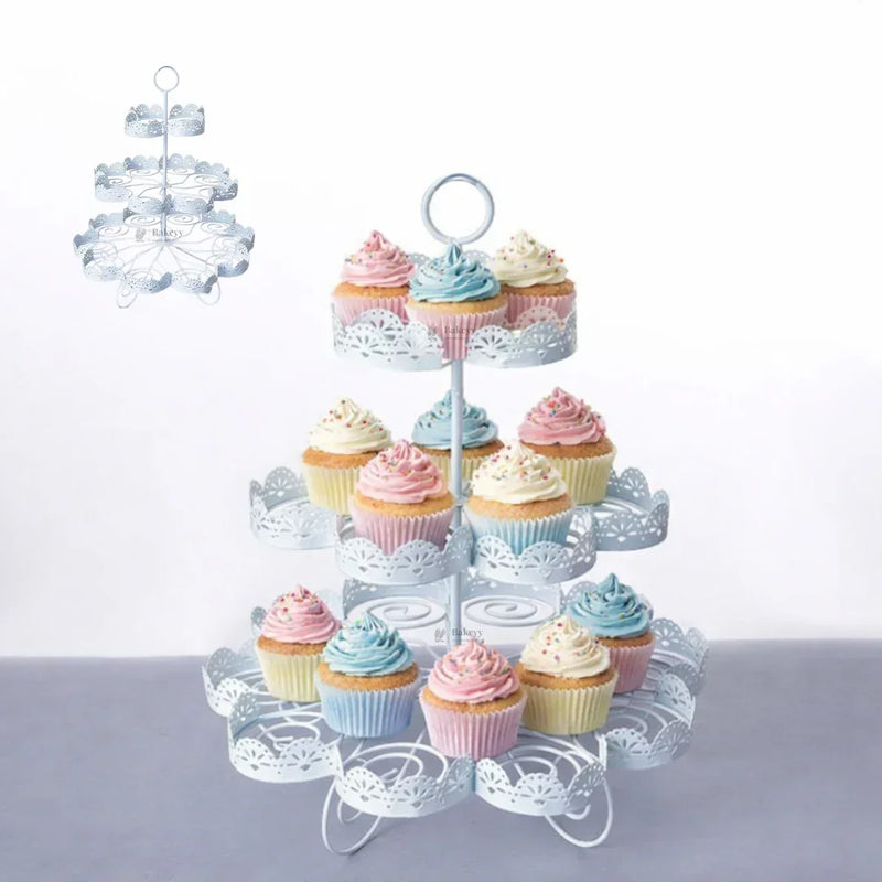3 tier metal cupcake stand with decorative cutwork pattern