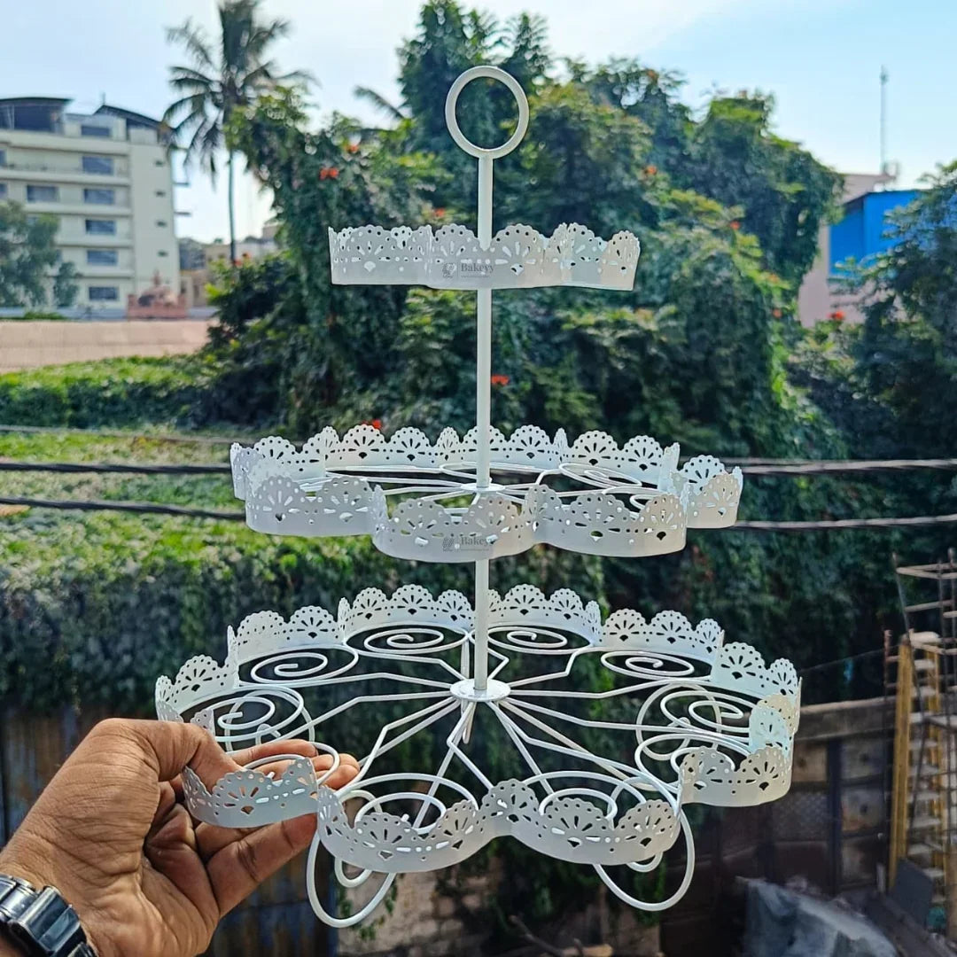3-Tier Metal Cupcake Stand with Decorative Cutwork | Elegant Dessert & Cupcake Display Stand | Ornate Party & Bakery Stand | Pack of 1