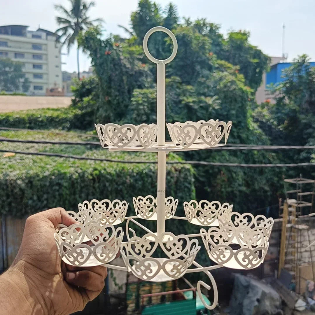 Metal Cupcake Stand with Decorative Cutwork | Elegant Dessert & Cupcake Display Stand | Multiple Design Options| Pack of 1 - Bakeyy.com - India - Metal Cupcake Stand with Decorative Cutwork | Elegant Dessert & Cupcake Display Stand | Multiple Design Options| Pack of 1 - 12 pcs 740.00