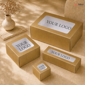 Gold boxes with 'YOUR LOGO' labels on a beige surface with a vase of dried flowers.