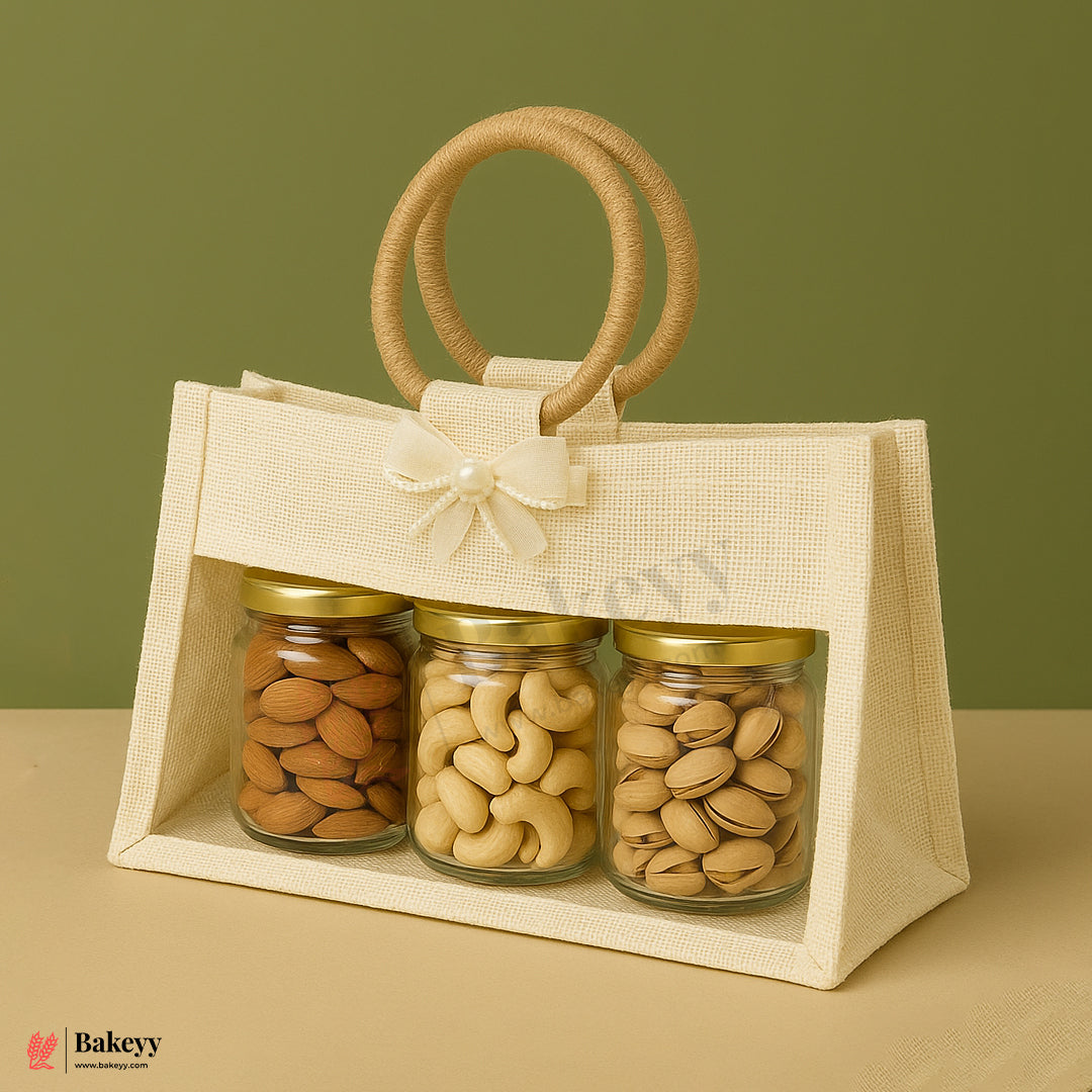 11x4x6 inch Premium Jute Gift Bag with Window & Round Handle – Elegant Bow Design – Pack Of 1