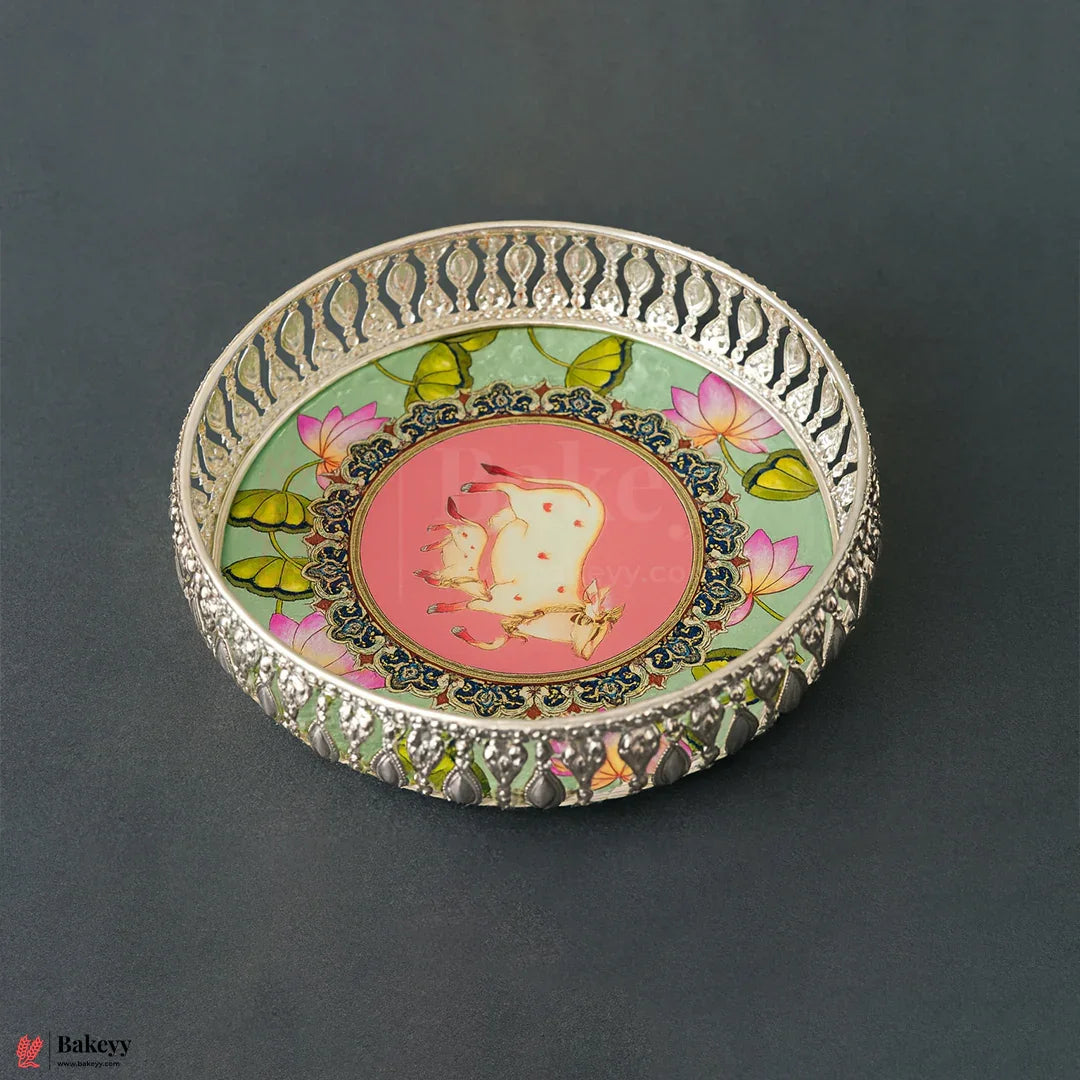 8 Inch Elegant Silver Plated Decorative Pooja Thali | Round Metal Tray Home Decor Items | Pichwai Tray for Return Gifts | Decorative Tray