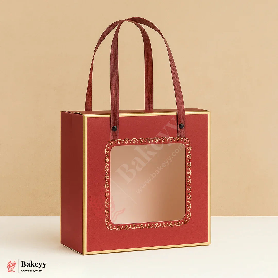 2 in 1 Premium Sparkle Red Window Gift Bag Come Box | 25x25x10cm | Pack Of 10