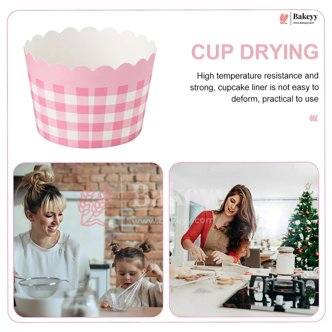 5cm| Pink & White Check Design Striped Scallop-Edge Baking Cups – Premium Paper Muffin Cup Liners |Pack Of 50