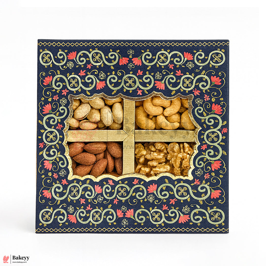 8x8x1.5 Inch | Rigid Dry Fruit Box | Elegant 4-Compartment Festive Hamper Box with Window Lid | Elegant Floral Design | Pack Of 1