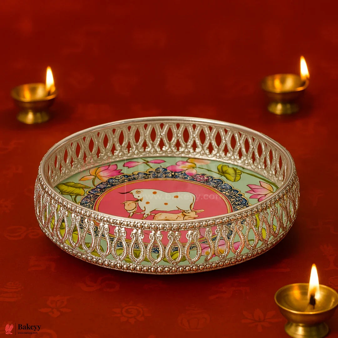 8 Inch Elegant Silver Plated Decorative Pooja Thali | Round Metal Tray Home Decor Items | Pichwai Tray for Return Gifts | Decorative Tray