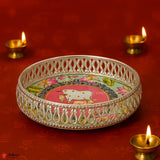 8 Inch Elegant Silver Plated Decorative Pooja Thali | Round Metal Tray Home Decor Items | Pichwai Tray for Return Gifts | Decorative Tray