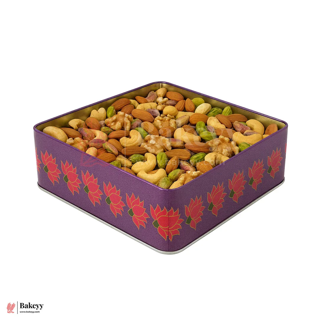 Premium Floral Printed Square Tin Box | Purple With Floral Printed – 6x6x2 inch | Gift Box for Chocolates, Dry Fruits, Sweets| Pack Of 2