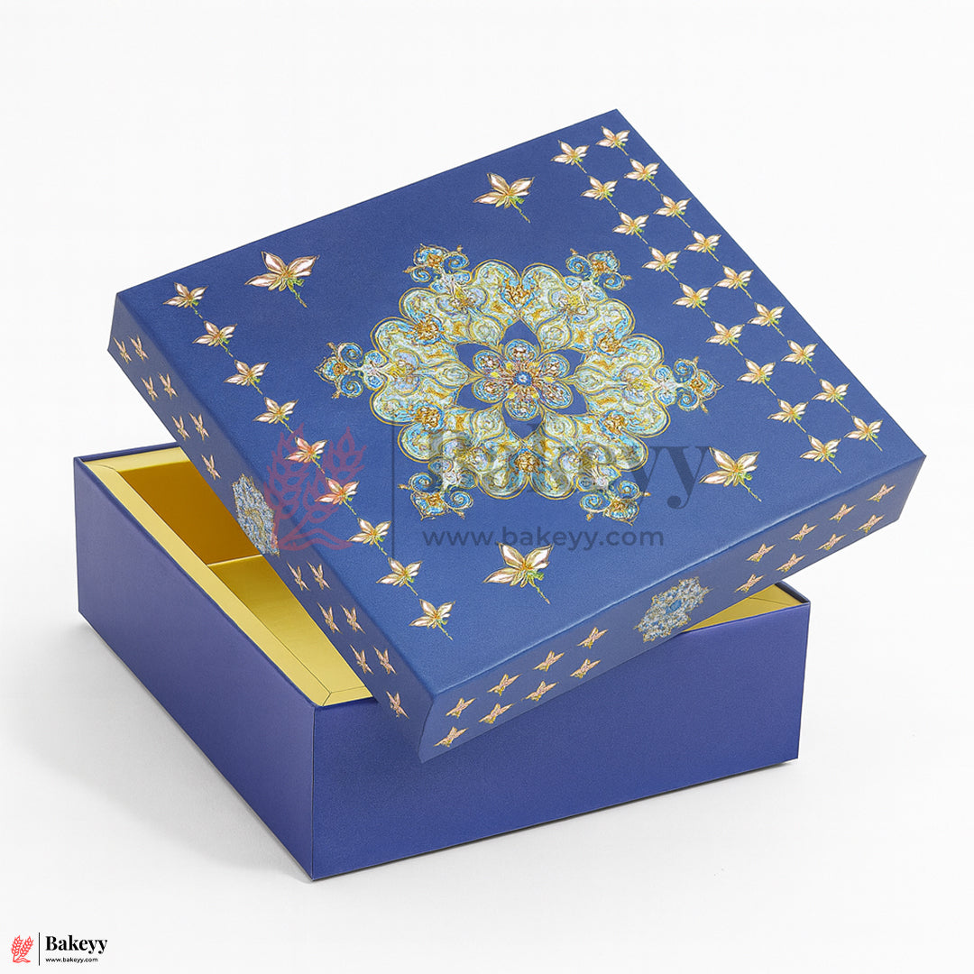250g (6x5.5x1.5 Inch) Premium Blue Festive Sweet Box with Golden Base | Rigid Sweet Box with Golden Interior Pack Of 1