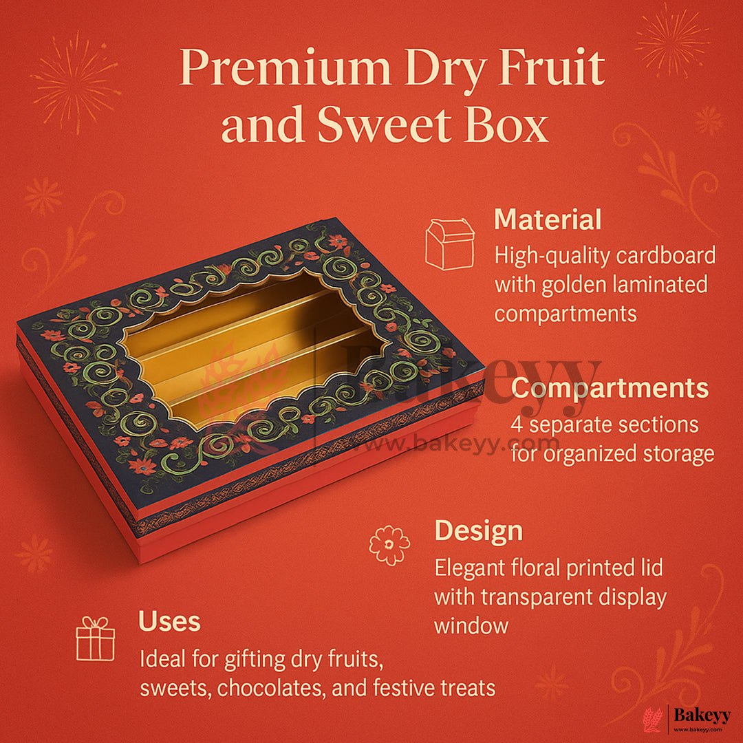 One Kg Sweet Box | 12x7x1.5 Inch | Premium Decorative Dry Fruit & Sweet Box – 4 Compartment Gift Packaging | 1 Piece