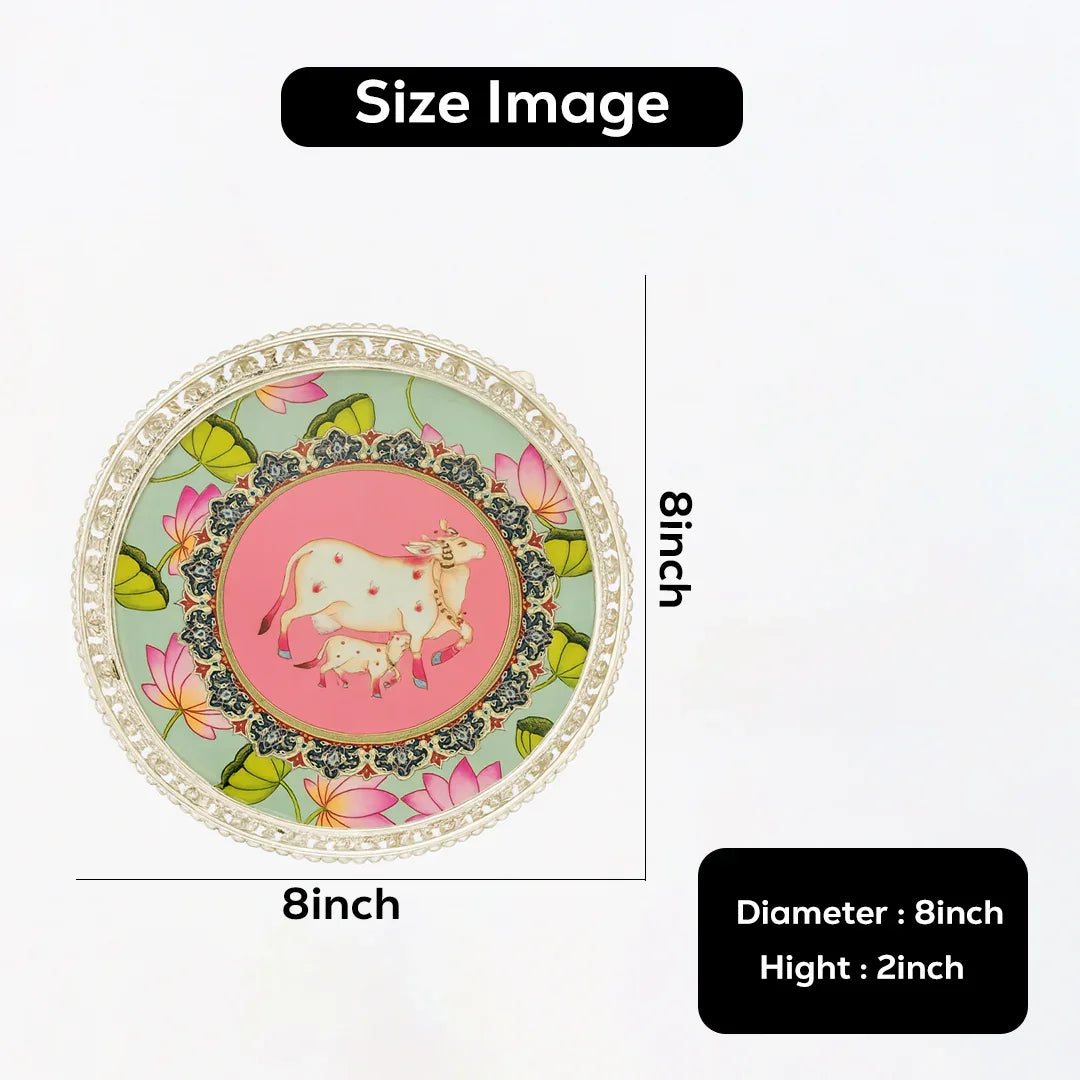 8 Inch Elegant Silver Plated Decorative Pooja Thali | Round Metal Tray Home Decor Items | Pichwai Tray for Return Gifts | Decorative Tray