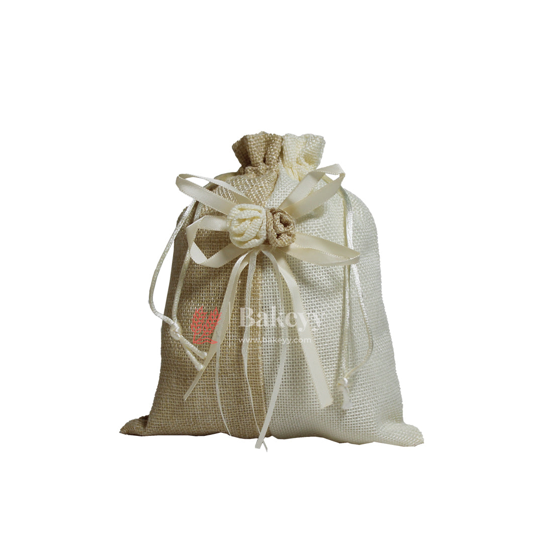 20x24cm| Beige & Cream Jute Potli Bag with Floral Accent | Traditional Potli Bag | Wedding Favor Bag | Jewelry Pouch | Floral Accent Gift Bag | Pack of 10
