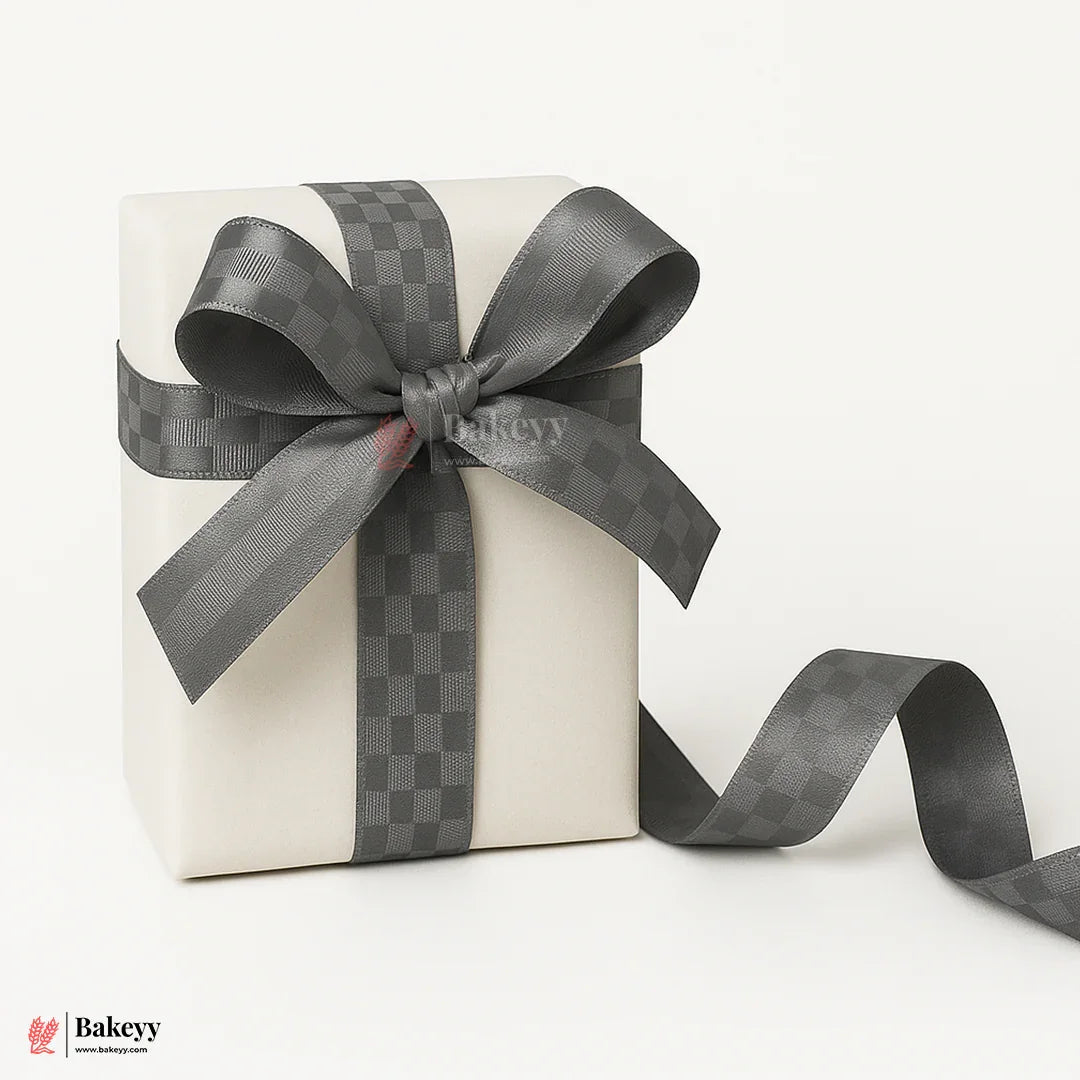 2cm |18 Mtr Premium Elegant Gray Checkered Satin Ribbon Roll – Elegant Finish for Gift Wrapping & Crafts| 1 Roll