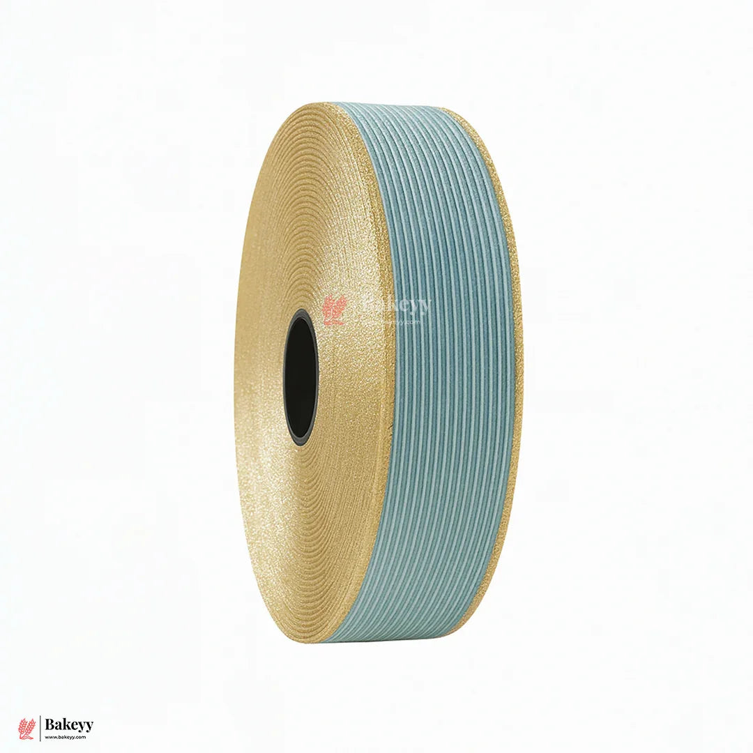 343 | Elastic Sky Blue Ribbon with Gold Borders – 3cm Width | 18 Meters Roll