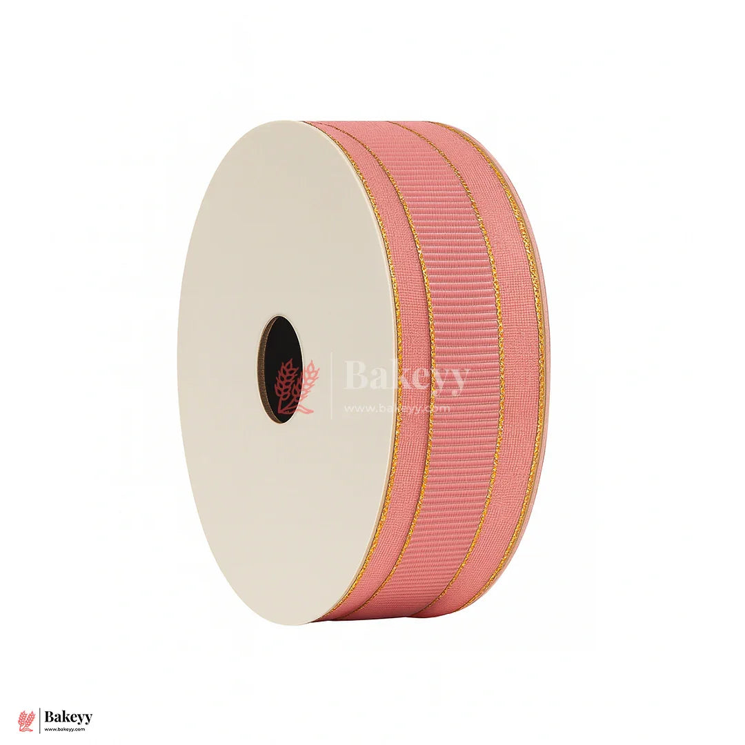 18mtr Premium Pink Grosgrain Ribbon with Golden Stitch – 1 Inch | Ideal for Gifting & Crafting