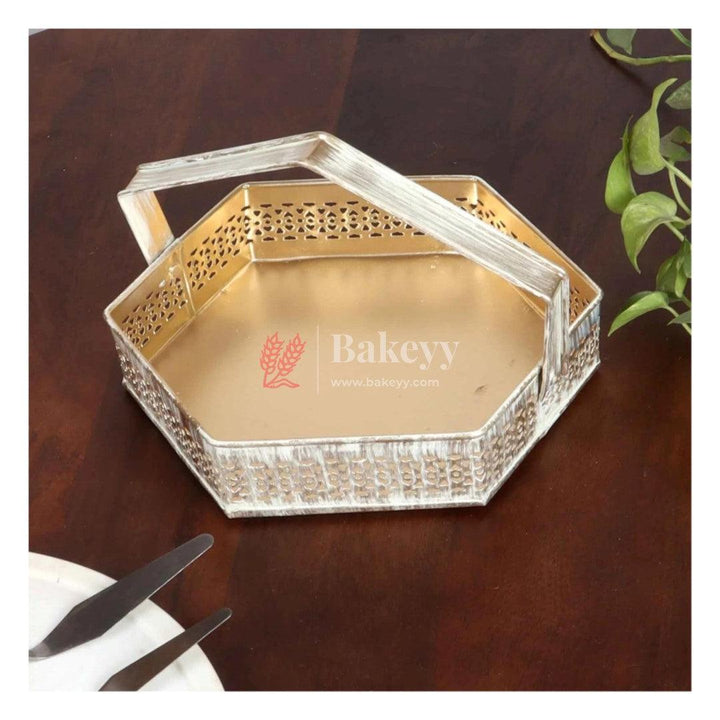 Decorative Gold Metal Hamper Basket For Gifting Hexagon - Bakeyy.com