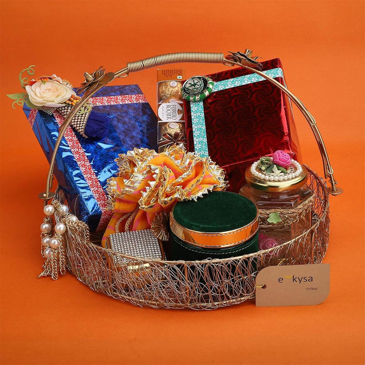 Decorative Gold Metal Hamper Basket For Gifting Round with Handle - Bakeyy.com